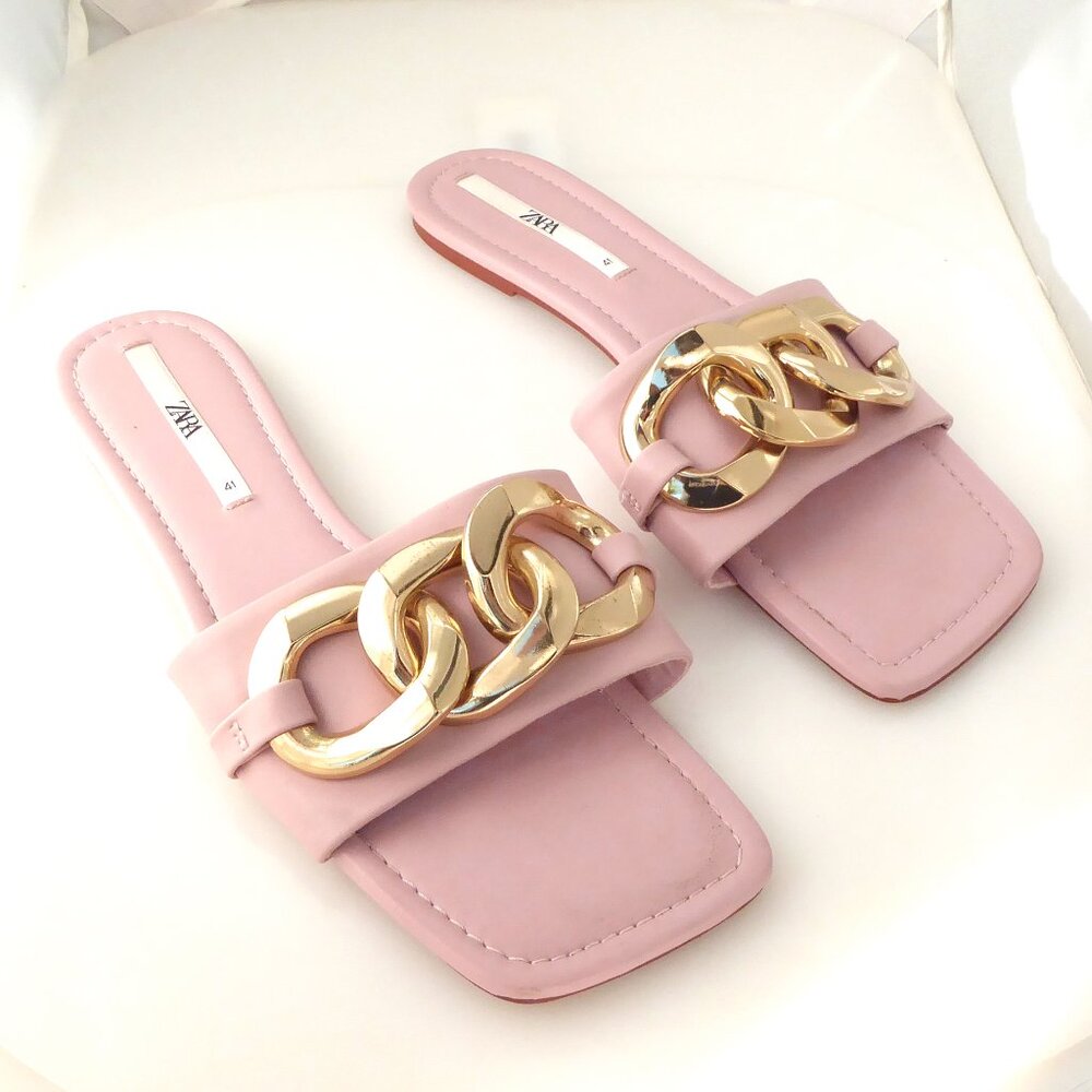 Zara blush pink gold oversize chain open toed sandal size 41 / 10.5